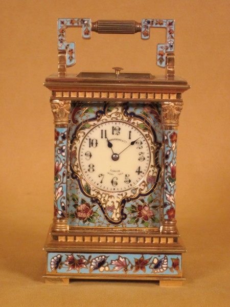 Threequarter size champleve enamel striking carriage clock
