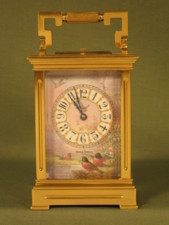 Anglaise cased strike/repeat porcelain panelled carriage clock with birds