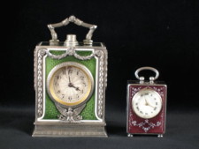 Sub-miniature Swiss silver enamel carriage clock (right).