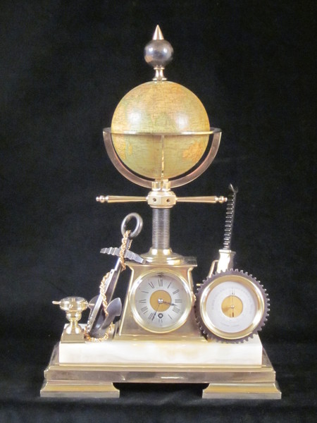 Maritime industrial clock with globe, anchor, etc.