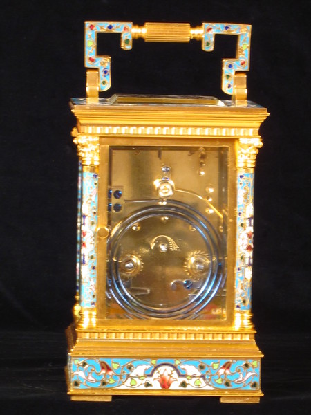 A fairly large champleve enamel carriage gong striking carriage clock