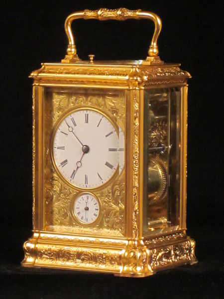 D357 A finely engraved and early bell striking and repeating gorge carriage clock