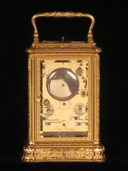 D357 A finely engraved and early bell striking and repeating gorge carriage clock