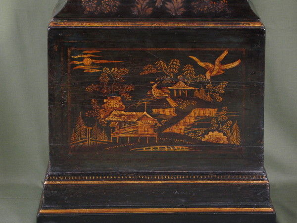 fine green lacquer longcase showing high water and phases of the moon.