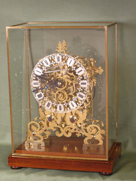 a rare 2 skeleton clock which chimes the first 3 quarters on two gongs