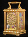 export market petite sonnerie carriage clock with birds on porcelain panels (France)